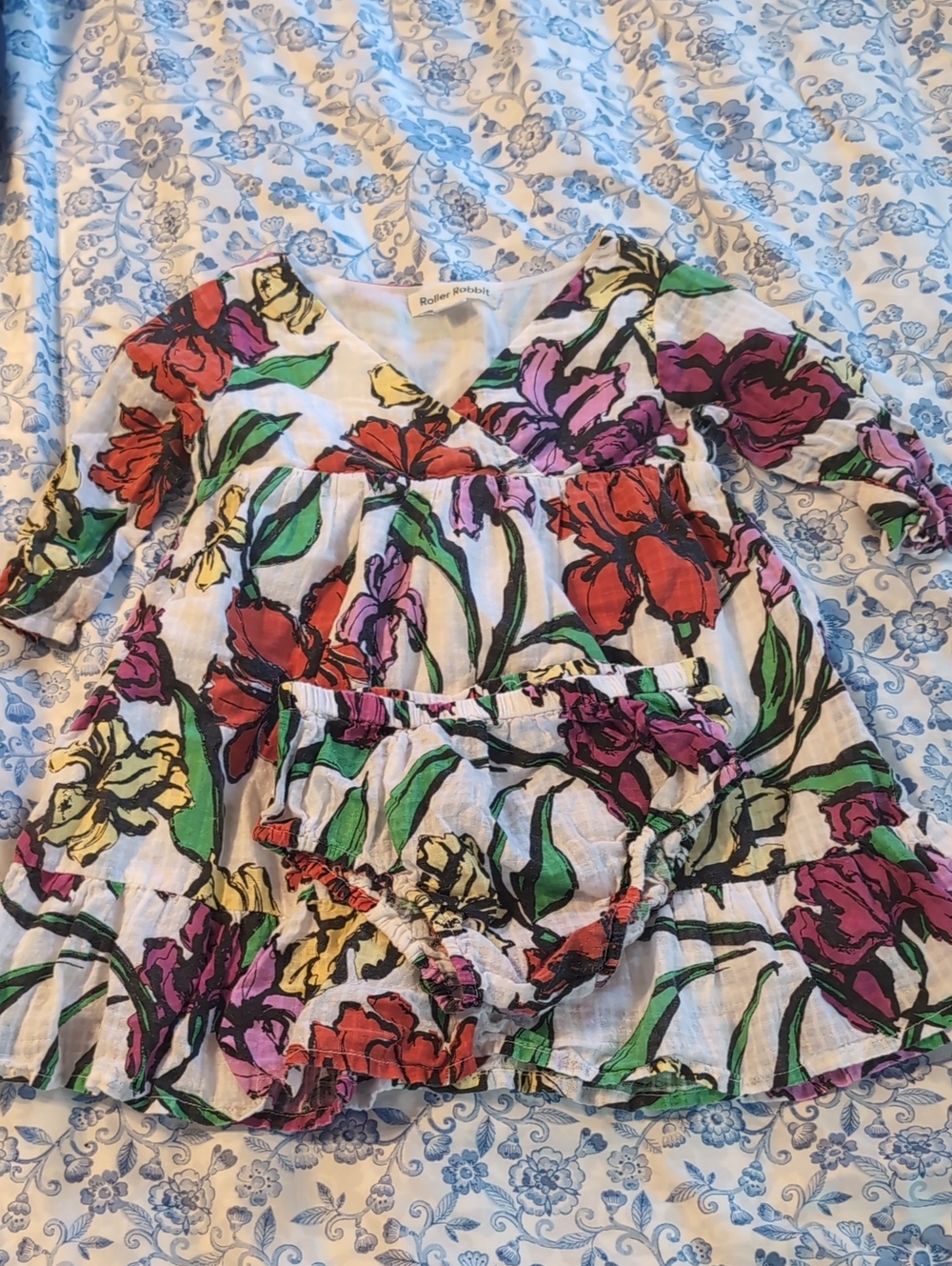 Roller Rabbit White Baby Dress Set with Red, Purple, Yellow & Green Floral Print
